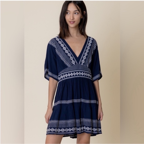 En Crème Navy Embroidered Dress Sizes Small-Large - Picture 1 of 11